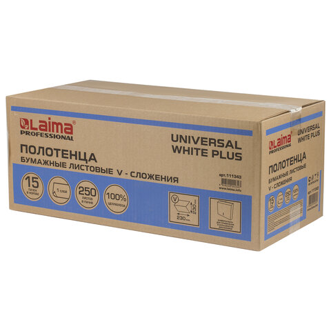 Полотенца бумажные 250 шт., LAIMA (H3) UNIVERSAL WHITE PLUS, 1-слойные, белые, КОМПЛЕКТ 15 пачек, 23х23, V-сложение, 111343 — фото 2
