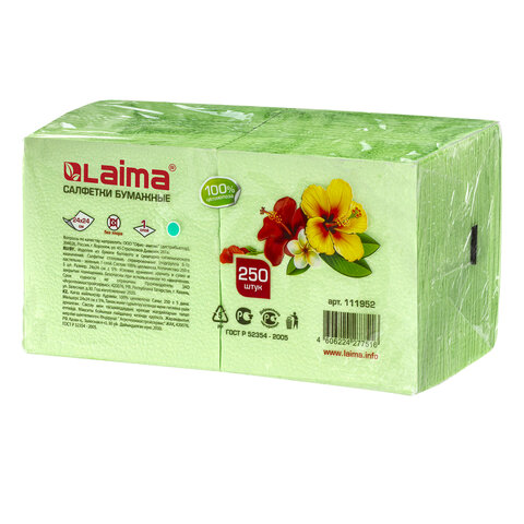 Салфетки бумажные, 250 шт., 24х24 см, LAIMA, зеленые (пастельный цвет), 100% целлюлоза, 111952 — фото 2