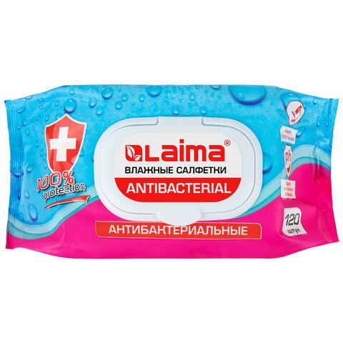 Салфетки влажные 120 шт., АНТИБАКТЕРИАЛЬНЫЕ, с пластиковым клапаном, LAIMA "Antibacterial", 112497 — фото 2