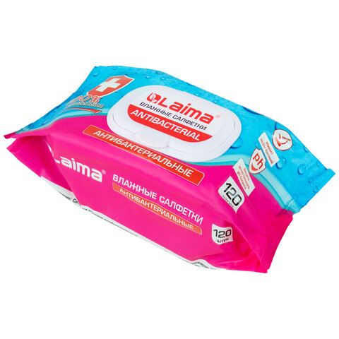 Салфетки влажные 120 шт., АНТИБАКТЕРИАЛЬНЫЕ, с пластиковым клапаном, LAIMA "Antibacterial", 112497 — фото 3