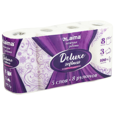 Бумага туалетная 3-х слойная, 8 рулонов (8х16,5 м), LAIMA Deluxe, 100% целлюлоза, 115396 — фото 2