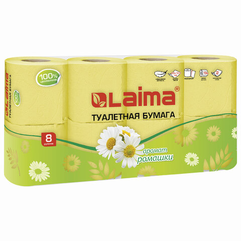 Бумага туалетная бытовая, спайка 8 шт., 2-х слойная, (8х19 м), LAIMA, аромат ромашки, 128721 — фото 3