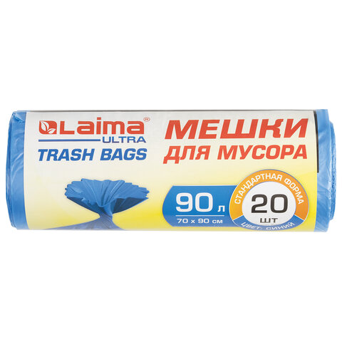 Мешки для мусора LAIMA "ULTRA" 90 л синие, рулон 20 шт. прочные, ПНД 14 мкм, 70х90 см, 607693 — фото 2