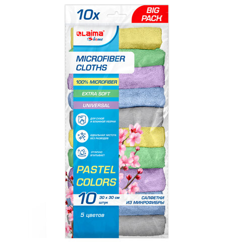 Салфетки из МИКРОФИБРЫ 30х30 см PASTEL COLOUR, big pack, КОМПЛЕКТ 10 штук, 180 г/м2, LAIMA HOME, 700608 — фото 2